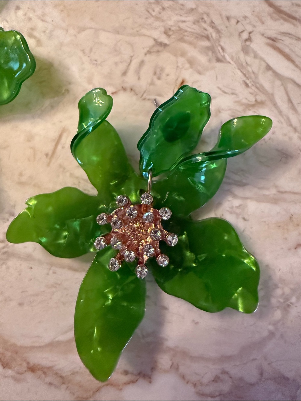 Green Floral Resin Statement Earrings with Crystal Centers - Picture 2 of 2